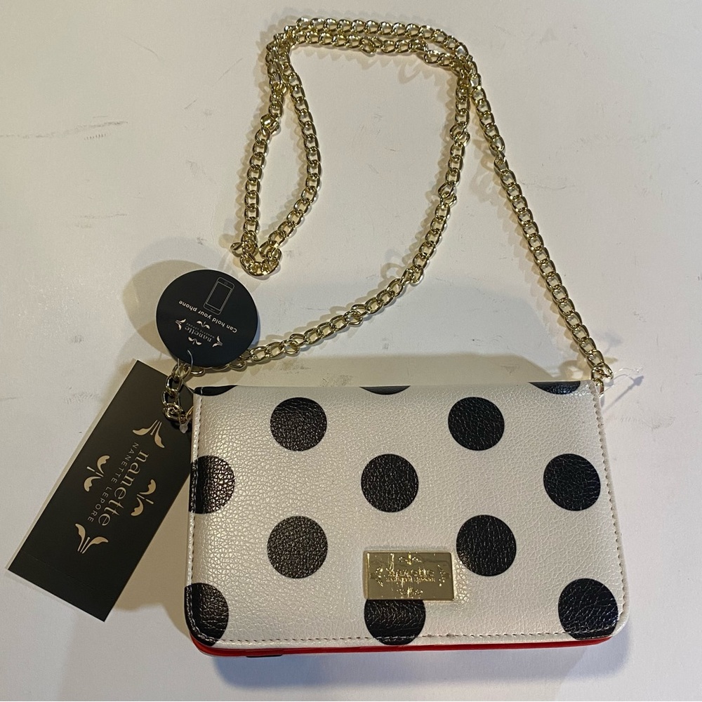 Nanette Lepore crossbody purse, RFID lined, faux leather,Polka dot,fits cell
